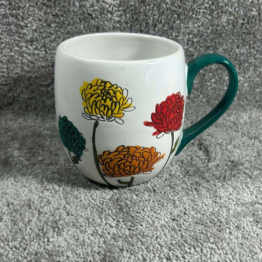 Lang Design Group Coffee Mug White Floral‎ Chrysanthemum Green Handle Ceramic